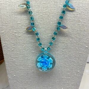 Blue Glass Flower Pendant Necklace